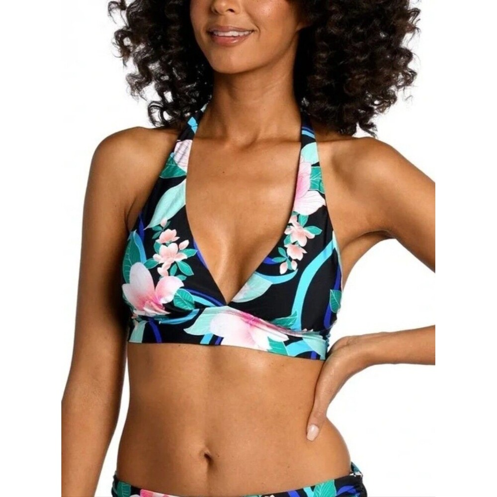 La Blanca Swim Banded Halter Top Nightfall Blooms Black Floral Sz 10
